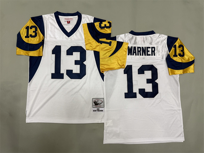 Men 2025 Los Angeles Rams 13 Warner white Throwback Limited NFL Jersey style 001